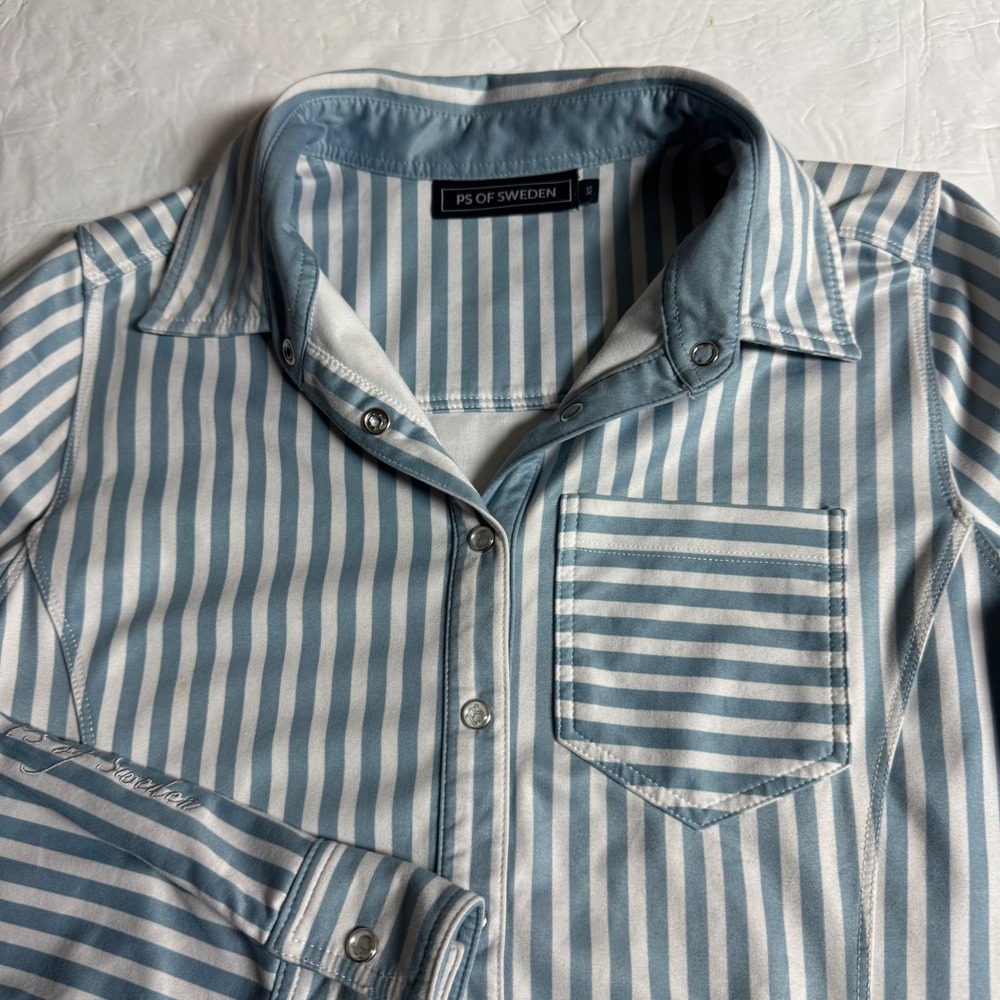 PS of Sweden Womens Blue White Striped Equestrian Show Shirt XS Long Sleeve Snap